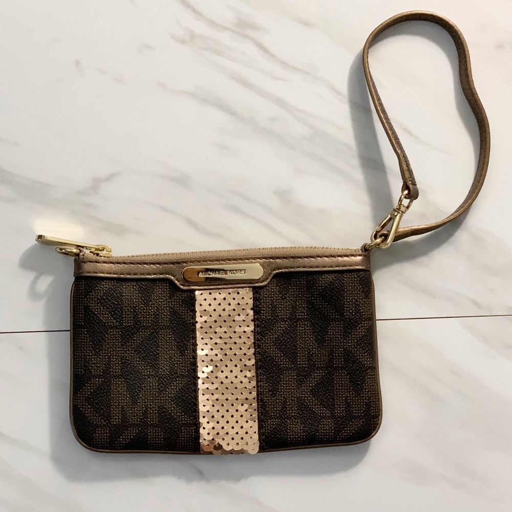 Michael Michael Kors Brown MK Logo Gold Sequin Wristlet